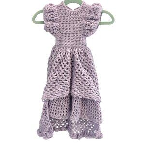 Handmade Lilac Crochet Baby Dress With Ruffle Sleeves Elegant Button Detailing &